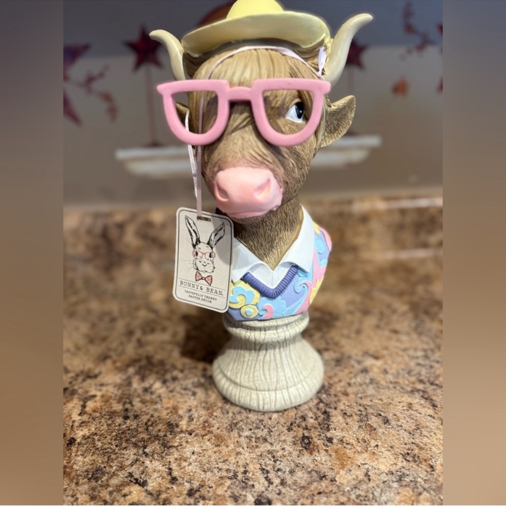 Bunny & Bean Highland Cow With Glasses Bust Figurine Shabby Chic Farmhouse New